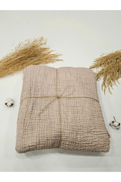 Bej 4 Katlı Çift Taraflı Çift Kişilik Müslin Battaniye %100 Pamuk 230x240 cm ürün görseli