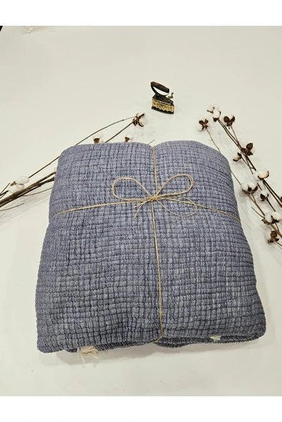 Denim Mavi 7 Katlı Çift Taraflı Dolgulu Çift Kişilik Müslin Battaniye %100 Pamuk 230x240 cm