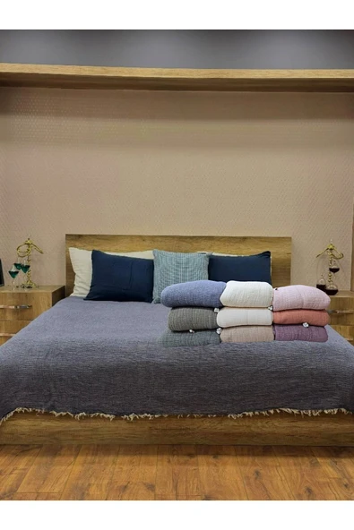Denim Mavi 7 Katlı Çift Taraflı Dolgulu Çift Kişilik Müslin Battaniye %100 Pamuk 230x240 cm - 3