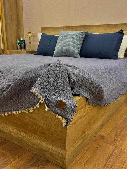 Denim Mavi 4 Katlı Çift Taraflı Çift Kişilik Müslin Battaniye %100 Pamuk 230x240 cm