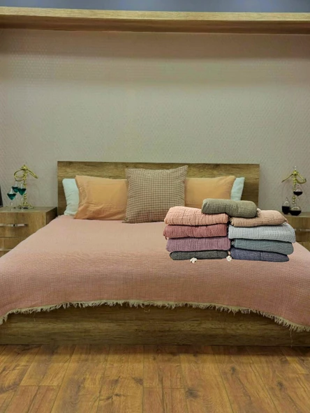 Bej 4 Katlı Çift Taraflı Çift Kişilik Müslin Battaniye %100 Pamuk 230x240 cm - 3
