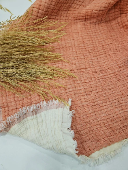Mercan Renk 7 Katlı Çift Taraflı Dolgulu Çift Kişilik Müslin Battaniye %100 Pamuk 230x240 cm - 2