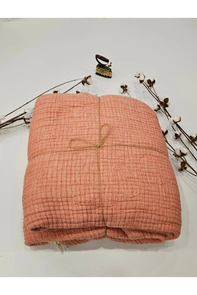 Mercan Renk 7 Katlı Çift Taraflı Dolgulu Çift Kişilik Müslin Battaniye %100 Pamuk 230x240 cm ürün görseli