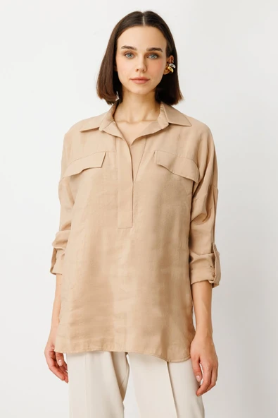 On Minimalist Oversize 3/4 Kol Cep Detaylı Kadın Bluz - Günlük Tarz