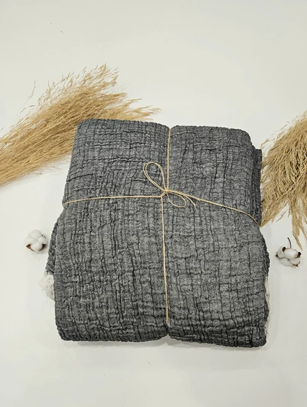 Antrasit Renk 4 Katlı Çift Taraflı Çift Kişilik Müslin Battaniye %100 Pamuk 230x240 cm ürün görseli