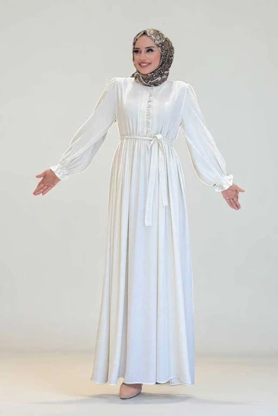 Kolları Lastikli Önü Düğme Detaylı Elbise 6040 Ekru ürün görseli 1