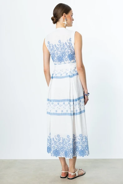 Ekol Kolsuz Midi Nakışlı Elbise - Minimalist Vintage Tarz - Resim 4