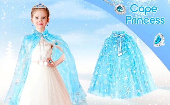 Karlar Ülkesi Elsa Frozen Mavi Pelerin – 80 Cm Kar Desenli Çocuk Pelerini ( Taç Hariç ) - 4