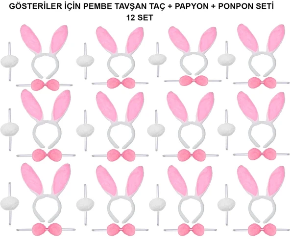 Pembe Tavşan Kostüm Seti – Taç, Papyon, Ponpon (12’li Paket)