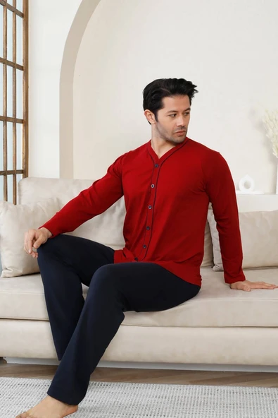 Erkek V Yaka Önden Düğmeli Pamuk Likra Mevsimlik Uzun Kol Cepli Pijama Takımı - 4