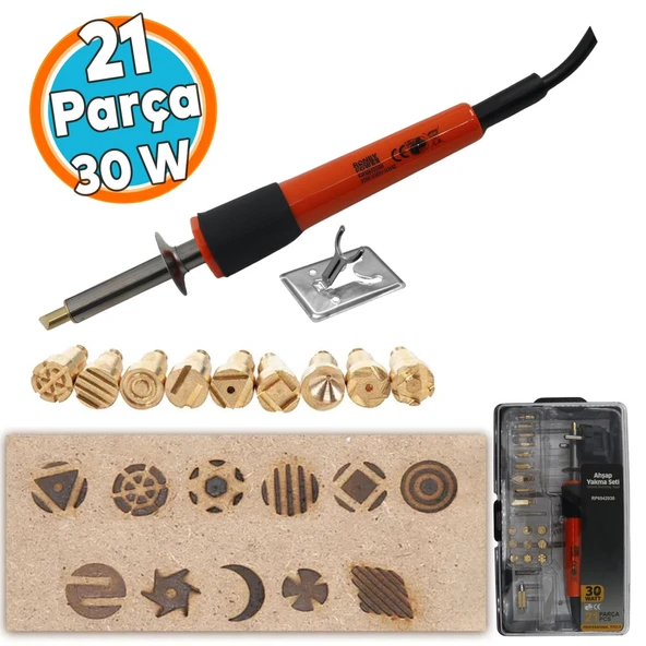 Elektrikli Ahşap Yakma Havyası Lehimi 30 W Kalem Oyma Gravür Seti Pyrography Metal Uç 21 Parça