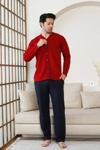 Erkek V Yaka Önden Düğmeli Pamuk Likra Mevsimlik Uzun Kol Cepli Pijama Takımı - 2