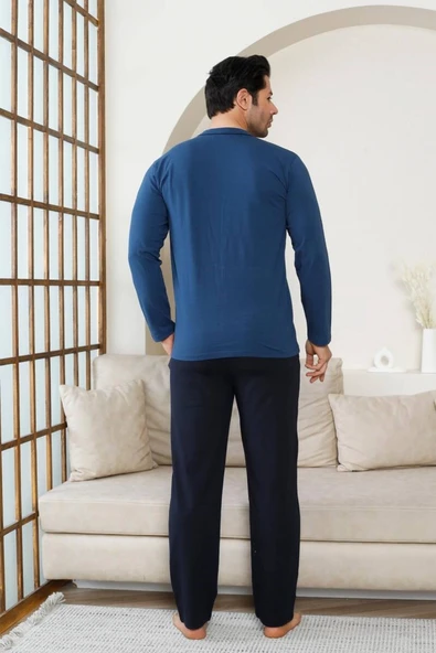 Erkek V Yaka Önden Düğmeli Pamuk Likra Mevsimlik Uzun Kol Cepli Pijama Takımı - 7