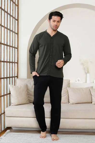 Erkek V Yaka Önden Düğmeli Pamuk Likra Mevsimlik Uzun Kol Cepli Pijama Takımı - 9