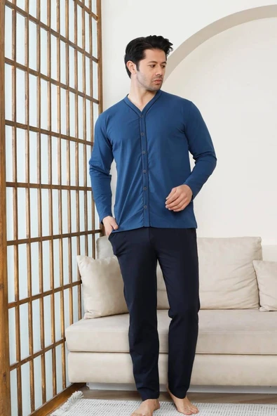 Erkek V Yaka Önden Düğmeli Pamuk Likra Mevsimlik Uzun Kol Cepli Pijama Takımı - 5