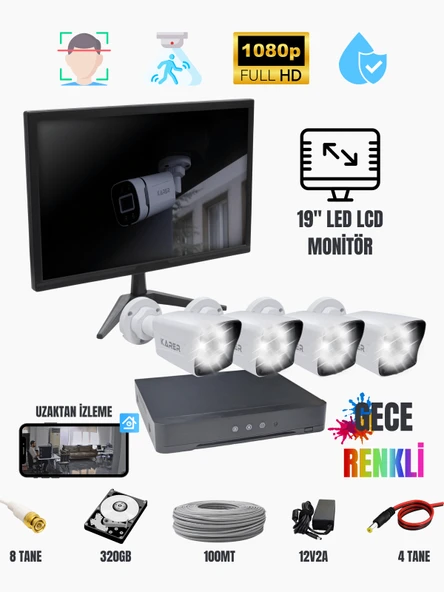 Monitörlü 4'lü Kamera Seti – ExitCam 1080p FullHD + 320GB HDD + 19'' Ekran Dahil
