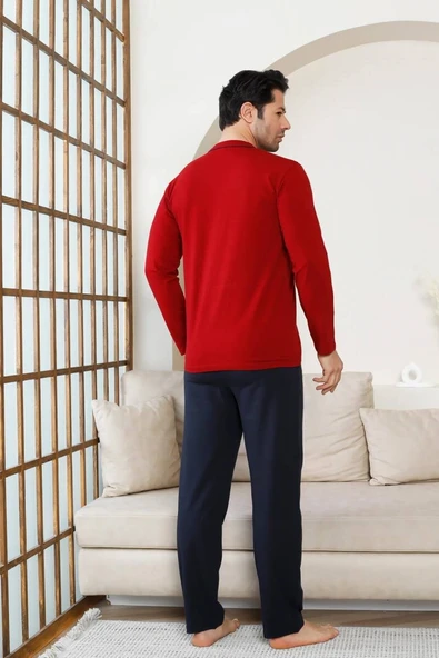 Erkek V Yaka Önden Düğmeli Pamuk Likra Mevsimlik Uzun Kol Cepli Pijama Takımı - 3