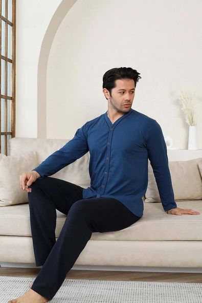 Erkek V Yaka Önden Düğmeli Pamuk Likra Mevsimlik Uzun Kol Cepli Pijama Takımı - 8