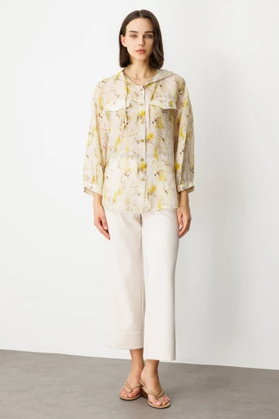 On Oversize Kapüşonlu Çiçekli Kadın Gömlek - Minimalist Stil - 3/4 Kol - 2