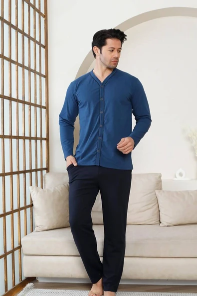 Erkek V Yaka Önden Düğmeli Pamuk Likra Mevsimlik Uzun Kol Cepli Pijama Takımı - 6