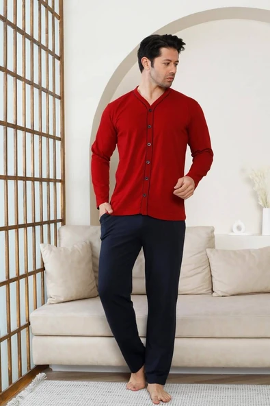 Erkek V Yaka Önden Düğmeli Pamuk Likra Mevsimlik Uzun Kol Cepli Pijama Takımı