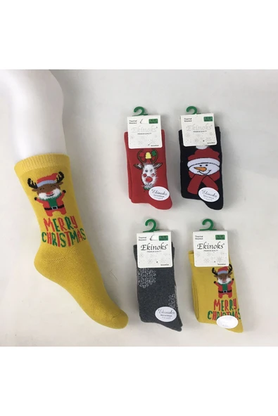 Ekinoks EKİNOKS YILBAŞI DESENLİ YENİYIL KONSEPTLİ TERMAL ÇORAP SOKET ÇORAP-MERRY CHRİSTMAS - 7