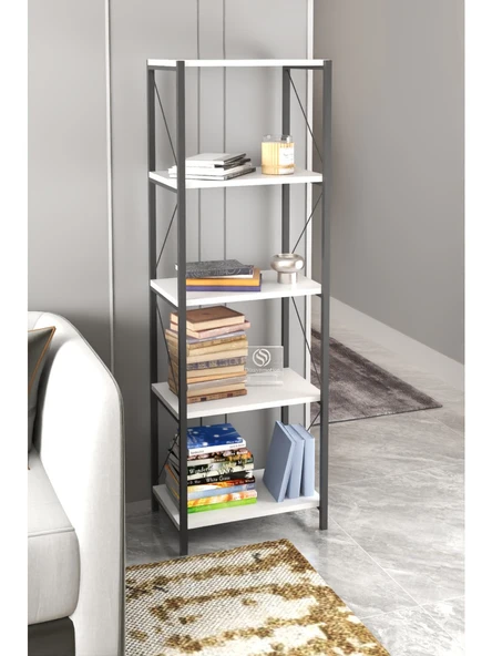 Dizayn Motion Dekoratif 5 Raflı Dar Kitaplık 150 x 50 Beyaz - 3