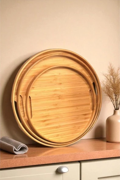 Digithome Bambu 3'lü Yuvarlak Sığ Tepsi - THN76060 HYT - 2