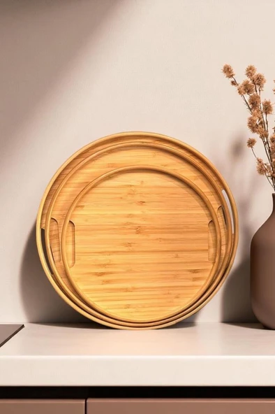 Digithome Bambu 3'lü Yuvarlak Sığ Tepsi - THN76060 HYT