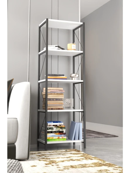 Dizayn Motion Dekoratif 5 Raflı Dar Kitaplık 150 x 50 Beyaz - 2