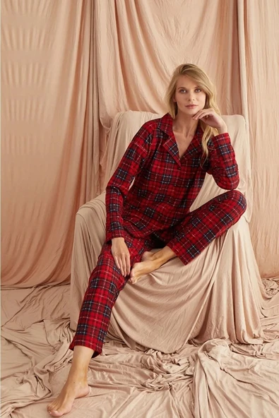 Işılay Ekose Süet Düğmeli Bebe Yaka Uzun Kol Uzun Alt Pijama Takım - 2