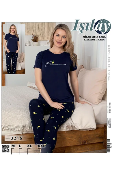 Işılay IŞILAY HOMEWEAR terletmeyen yumuşak PREMİUM Milan Kumaş Sıfır yaka kısa kollu pijama takımı - 2