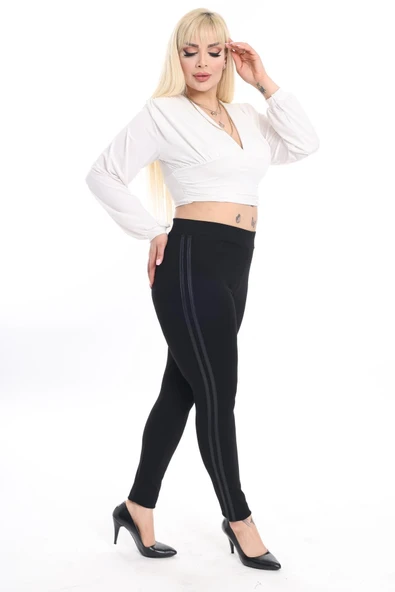 Love Fuchsia Underwear Kadın Siyah Yanı Çift Deri Şeritli Büyük Beden Tayt Çelik Örme Kumaş Battal Tayt - 7