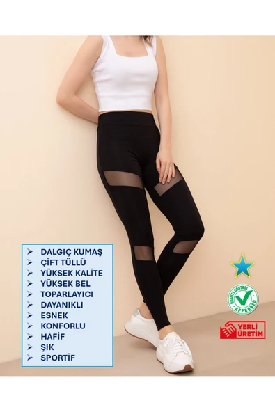 Güneş Çift Tüllü Yüksek Bel Toparlayıcı Dalgıç Kumaş Kadın Tayt (Yüksek Kalite,Uygun Fiyat,Şık,Lux)