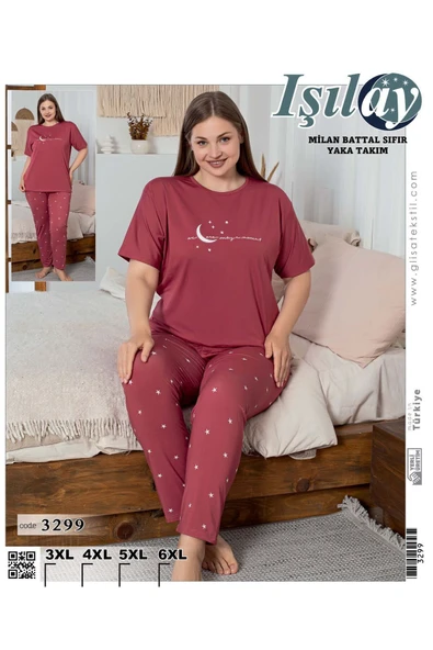 Işılay Milan Kumaş Yüksek Piremium Kalite Büyük beden Sıfır Yaka Battal Kısa Kollu Pijama Takımı - 8