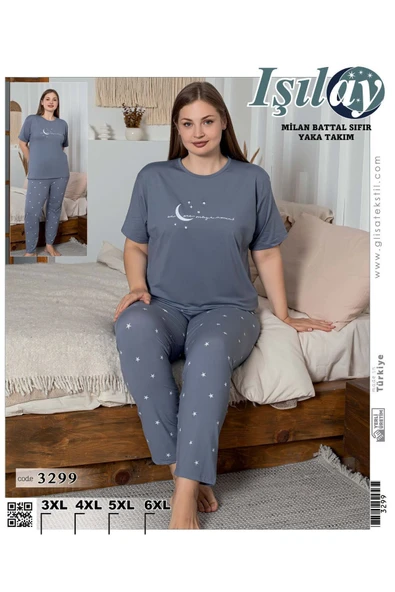 Işılay Milan Kumaş Yüksek Piremium Kalite Büyük beden Sıfır Yaka Battal Kısa Kollu Pijama Takımı - 6