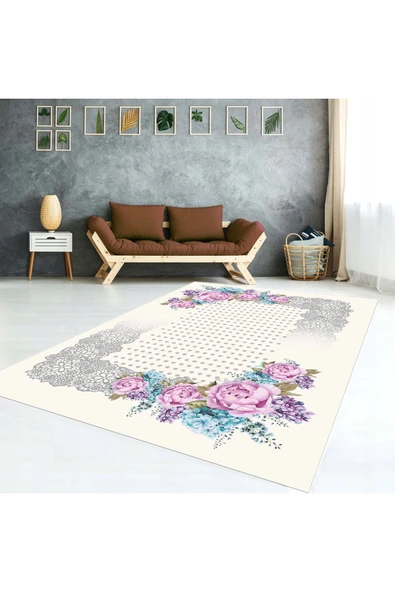AACAP Modern Desen, Beyaz İri Güllü Lastikli, Yıkanabilir Halı Örtüsü