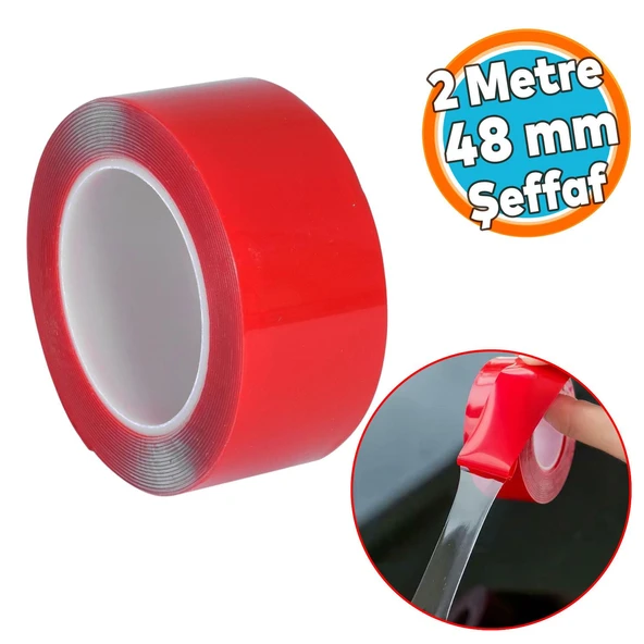 Çift Taraflı Şeffaf Silikon Bant Montaj Bandı 48 mm x 2 Metre Güçlü Çok Amaçlı Yapıştırıcı 1 Adet