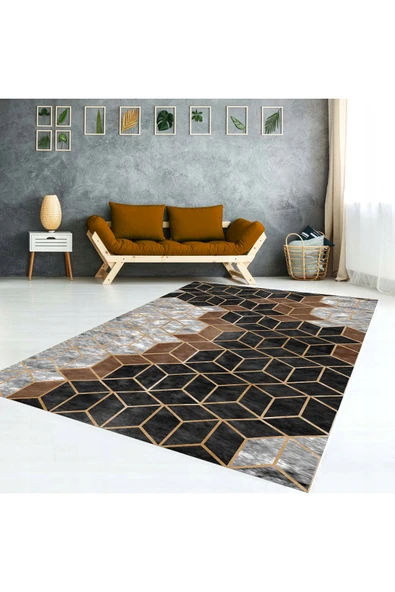 AACAP Siyah Petek Desen Kadife ,Modern Yıkanabilir, Lastikli Halı Örtüsü