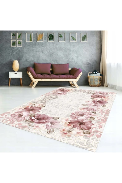 AACAP Çiçek Desen Yıkanabilir,Lastikli Halı Örtüsü