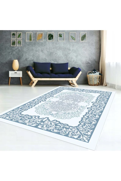 AACAP Mavi Serinlik Kadife Yıkanabilir Lastikli Halı Örtüsü