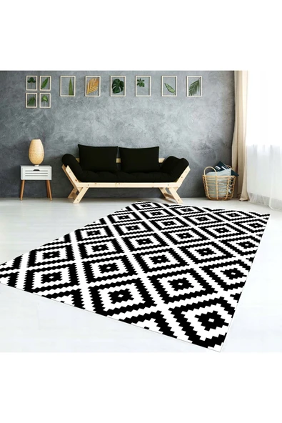 AACAP Siyah Beyaz Desen, Lastikli İpek Kadife Halı Örtüsü