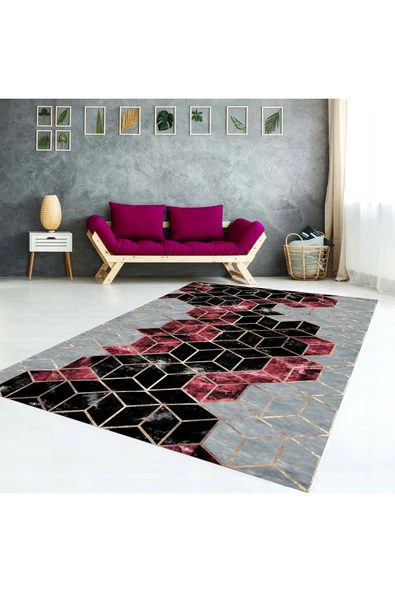 AACAP Vişne Petek Desen Kadife ,Modern Yıkanabilir, Lastikli Halı Örtüsü