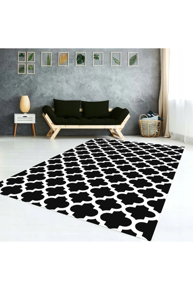 AACAP Siyah Beyaz Kontrast Kadife Yıkanabilir Lastikli Halı Örtüsü