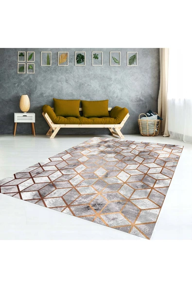 AACAP Petek Desen ,Modern Yıkanabilir, Lastikli Halı Örtüsü