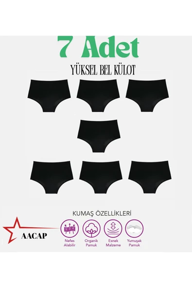 AACAP Yüksel Bel, Pamuklu ve Likralı Günlük Bato Hipster Kadın Külot 7 Adet