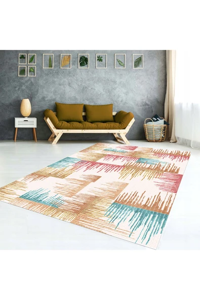 AACAP Renkli Modern Yıkanabilir, İpek Dokunuşlu,Lastikli Halı Örtüsü