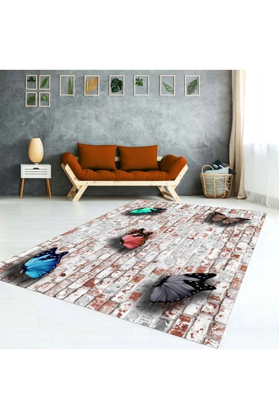 AACAP 3D Kelebek Desen Kadife Yıkanabilir, Lastikli Halı Örtüsü
