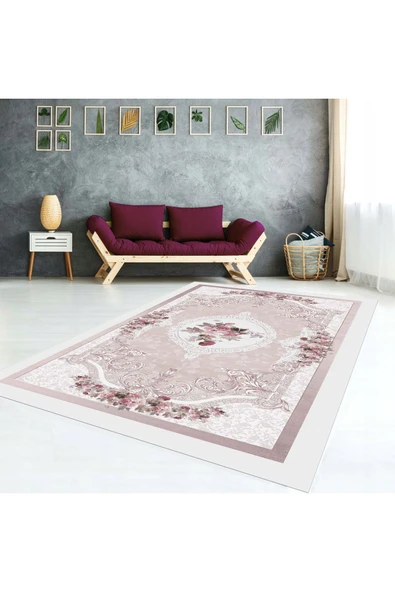 AACAP Gül Göbekli ,Kadife,Modern Yıkanabilir, Lastikli Halı Örtüsü