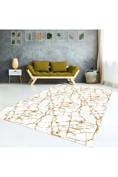 AACAP Altın Mermer Desenli , Modern Yıkanabilir, Lastikli Halı Örtüsü